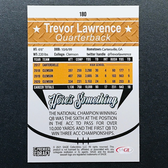 Trevor Lawrence RC - 2021 SAGE HIT Premier Draft Red #180 - Picture 2 of 2